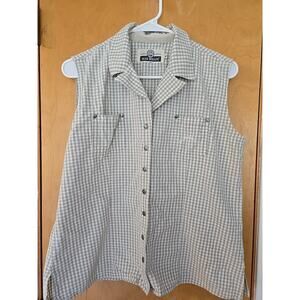 Blue Willis Womens Plaid Shirt Sz XL Beige White Blue Sleeveless Snap Buttons
